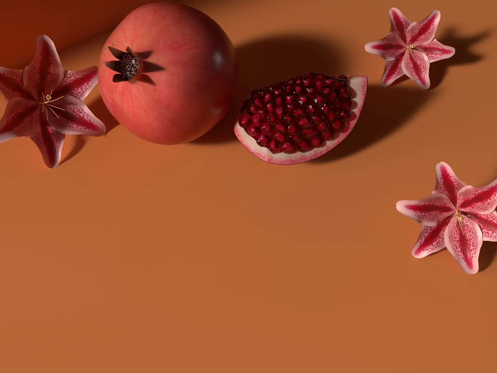 Ein geöffneter Granatapfel voller Kerne auf warmem orangefarbenem Grund